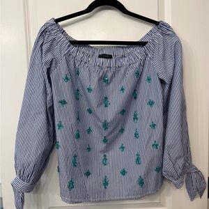 J. Crew Blue and White Striped Blouse with Green Beaded Embellishments